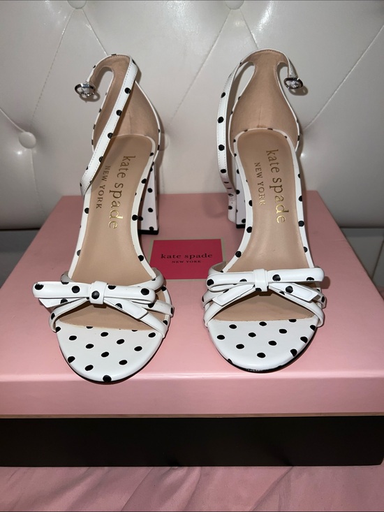 kate spade Shoes - kate spade White with Black Polka Dot Bow Ankle-Strap Heels